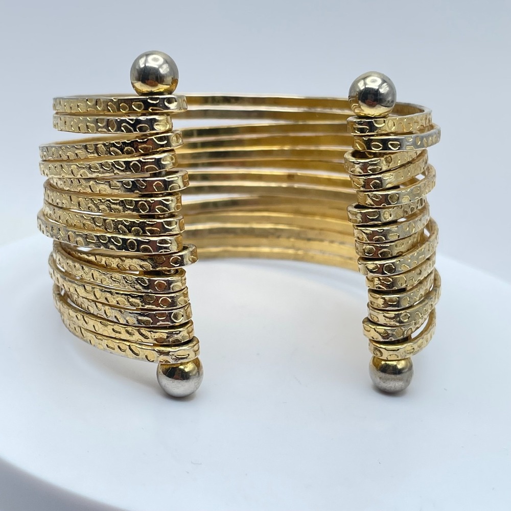 VTG Gold Tone Gladiator Wide Multi-Band Stacked Hammered Open Cuff Bracelet Boho - Picture 3 of 8